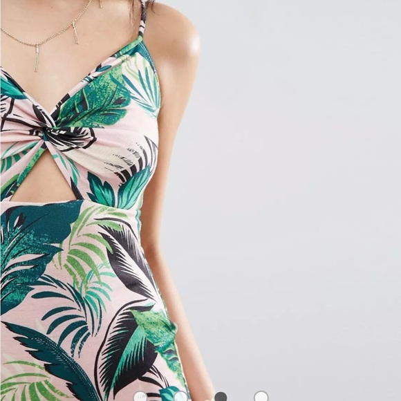 ASOS Mini Sundress With Cut Out Front In Pink Palm Print - Picture 3 of 5